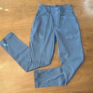 Spanx Stretch Twill Straight Leg Jeans in Hazy Green Grey.